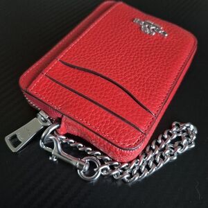Coach Vibrant Red Zip Card Case With Silver Chain